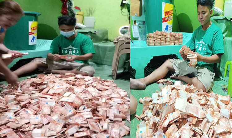 PHILIPPINEN MAGAZIN - Mann füllt Plastiktonne mit P20-Scheinen vom Verkauf von Gulaman, Fisch